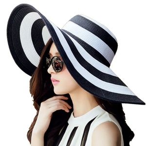 Black White Striped Foldable Wide Brim Beach Hat